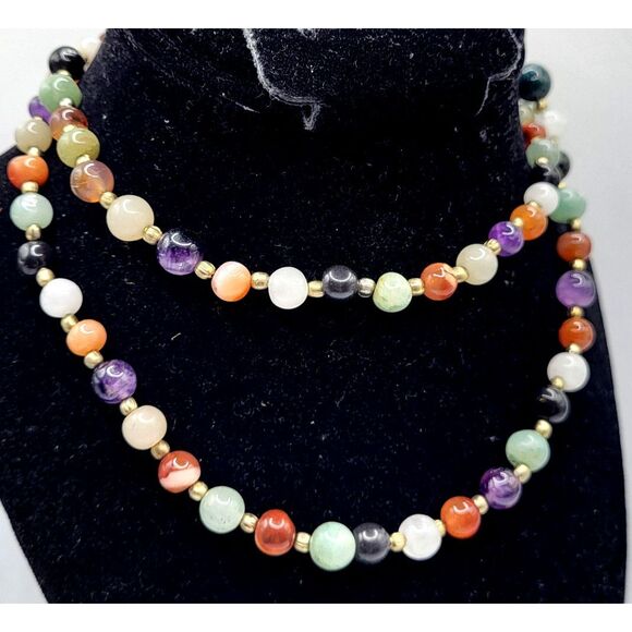 Vintage Gemstone Beaded Necklace LONG 38” screw clasp heavy STUNNING - Picture 2 of 5
